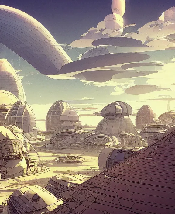Image similar to simplicity, three buildings made out of nautilus, in the style of a spaceship, partly cloudy, dramatic lighting, by geof darrow, bill sienkiewicz, dan mumford, yusuke murata, makoto shinkai, ross tran, cinematic, unreal engine, cel shaded, featured on artstation, pixiv