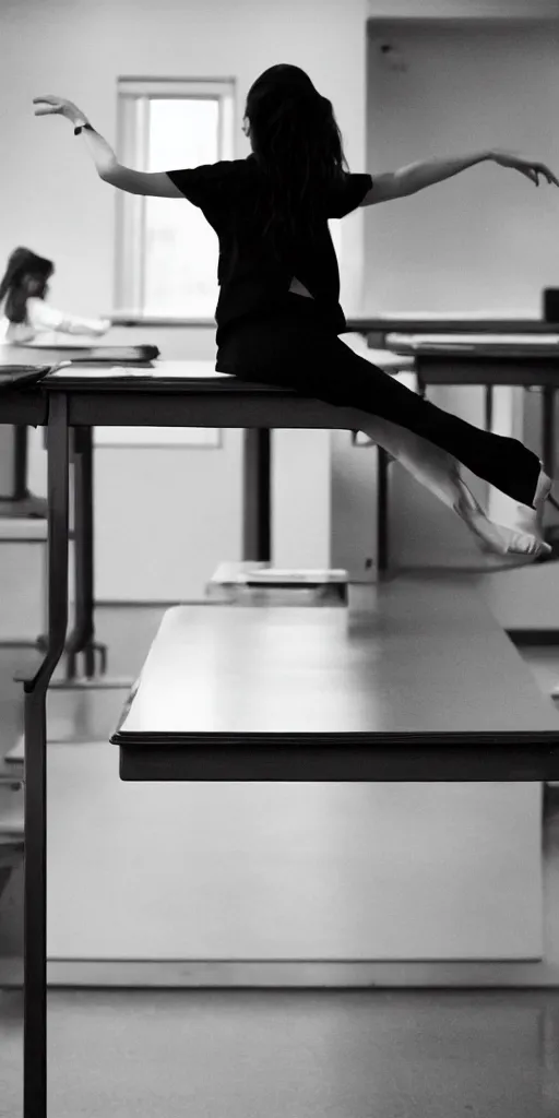 Image similar to tilted frame, dutch angle, skewed shot, film still of stylish girl dancing on school desk, cinematography from music video, intricate, elegant, highly detailed, smooth, sharp focus,