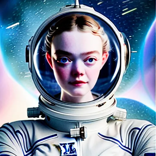 Image similar to leyendecker and peter paul rubens, head and shoulders portrait of a elle fanning in space, unreal engine, fantasy art by global illumination, radiant light, detailed and intricate environment