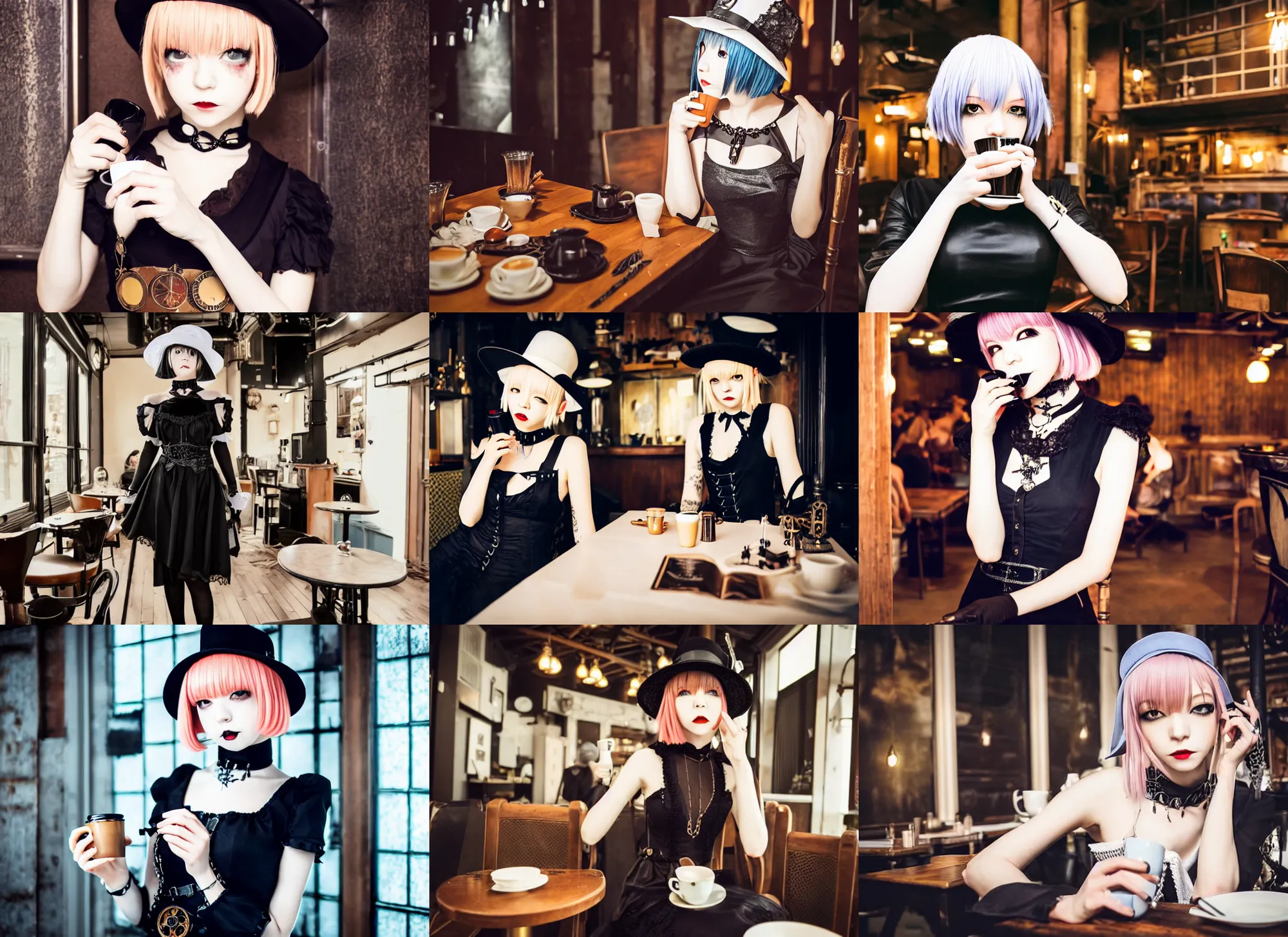 Prompt: full body portrait photo of reol wearing a elegant gothic dress, open top, wearing a chocker and cute hat, drinking coffee in a ( ( busy ) ) steampunk cafe interior, dim studio lighting, at night, ( ( photograph ) ), moody, realistic, detailed, low light, skin tinted a warm tone, light blue filter