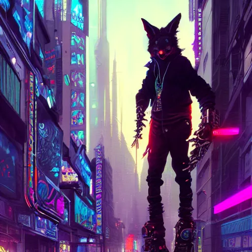 Image similar to anthropomorphic coyote character wearing black cyberpunk skater clothes with neon highlights in a cyberpunk city. Renowned character illustration by greg rutkowski, thomas kindkade, alphonse mucha, loish, norman rockwell. Trending on artstation 4k. Highly detailed. Digital art.