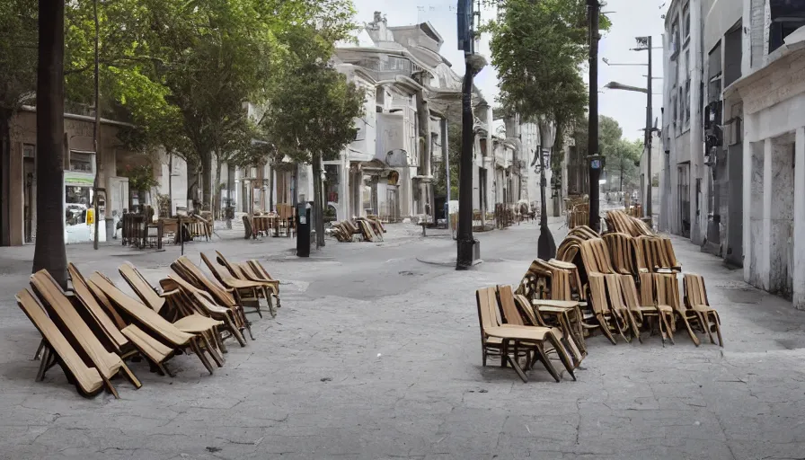 Image similar to chairs piled up on the walls of the street, hyperrealistic shaded