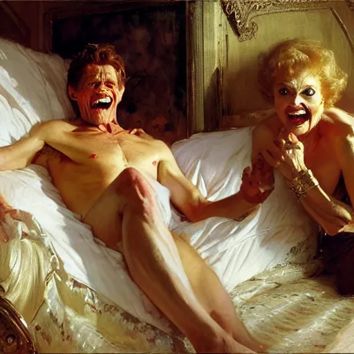 Image similar to willem dafoe is in his bed, nervous and terrified, because betty white from hell is attacking him. highly detailed painting by gaston bussiere, j. c. leyendecker, greg rutkowski, craig mullins 8 k