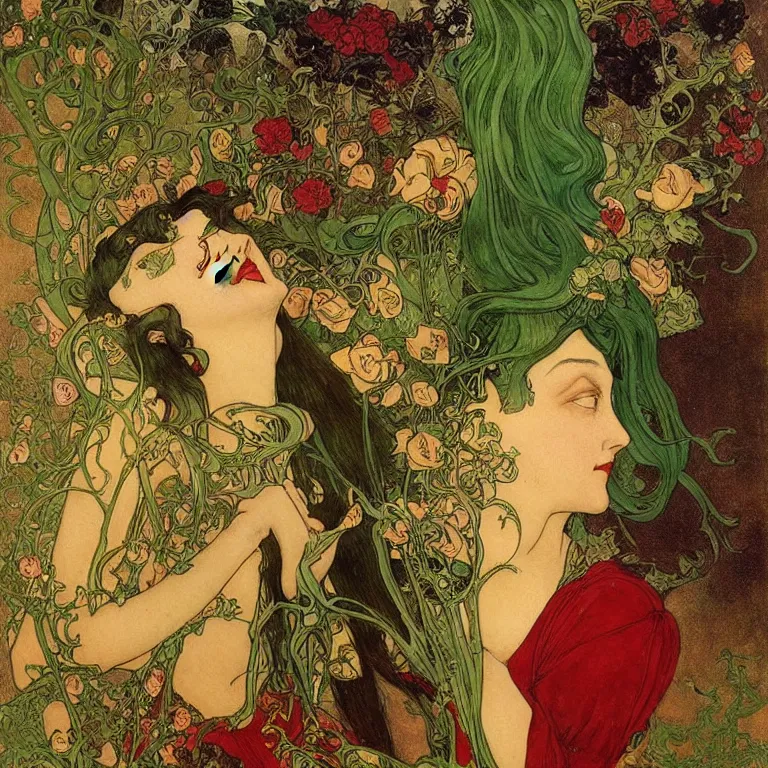 Image similar to A brunette woman standing in a green dress on a gold background, with black roses and red lips Anton Pieck,Jean Delville, Amano,Yves Tanguy, Alphonse Mucha, Ernst Haeckel, Edward Robert Hughes,Stanisław Szukalski and Roger Dean