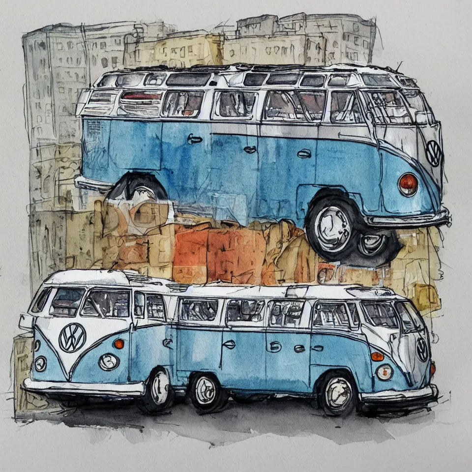 Prompt: a detailed watercolor sketch of vw bus in new york city