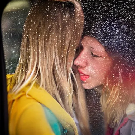 Image similar to close up through steamy window highschool kids making out in a car at night, raining!!! steamy windows!!, colorful!!, nighttime!!