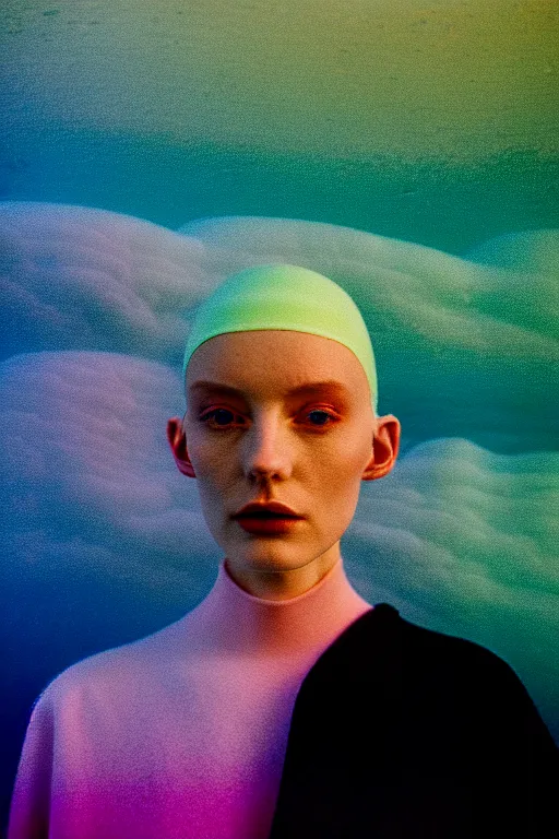 Image similar to high quality pastel coloured film close up wide angle photograph of a model wearing clothing swimming on cloud furniture in a icelandic black rock!! environment in a partially haze filled dreamstate world. three point light, rainbow. photographic production. art directed. pastel colours. volumetric clouds. pastel gradient overlay. waves glitch artefacts. extreme facial clarity. 8 k. filmic.