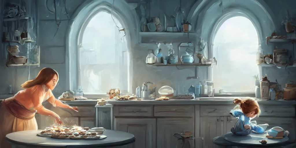 Prompt: beautiful digital illustration of a mom baking cookies by andreas rocha, curvilinear architecture, fluffy pastel clouds, cinematic, architecture, concept art, deviantart, artsation, artstation hq, hd, 1 6 k resolution, smooth, sharp detail, amazing depth, octane, finalrender, unreal engine