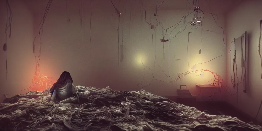 Image similar to rgb, glowing, depression!!!!!, maximalist interior, woman, cinematic, movie scene, inspired by zdzislaw beksinski, clothes made out of veins,, cables everywhere, bedroom, ultra realistic, concept art, intricate details, highly detailed, photorealistic, octane render, 8 k