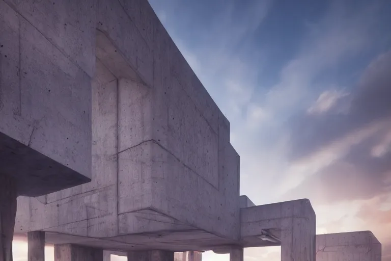 Prompt: extremely detailed cathedral of brutalist architecture, stunning volumetric light, sunset, metal, concrete and translucent material, stunning skies, trending on Artstation, 8k, photorealistic, hyper detailed, unreal engine 5, IMAX quality, cinematic, epic lighting, in the style of Greg Rutkowski