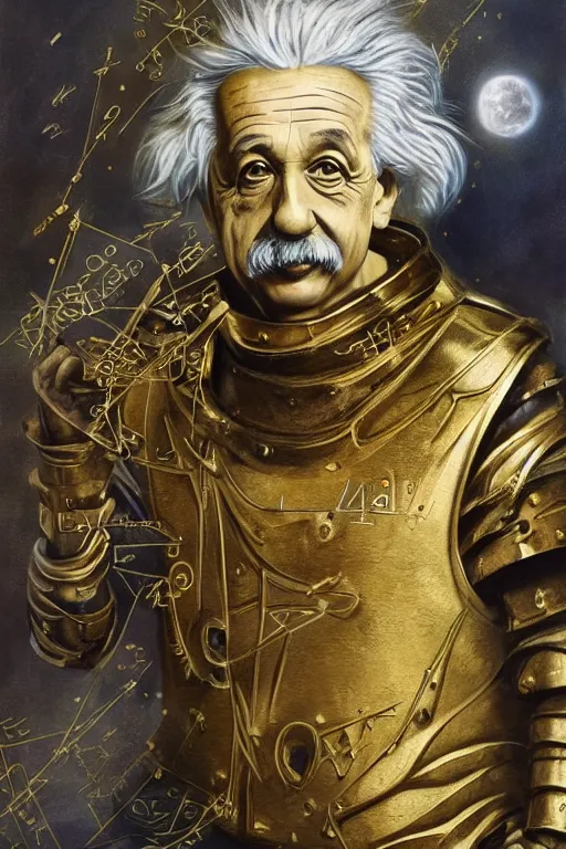 Image similar to breathtakingly beautiful painting of albert einstein in gold armor, thinking about equations, moonlit sky, matte painting by brian froud, shaun tan, wlo and peter mohrbacher, highly detailed, intricate,, award winning artwork, trending on artstation, high quality printing, fine art with subtle redshift rendering