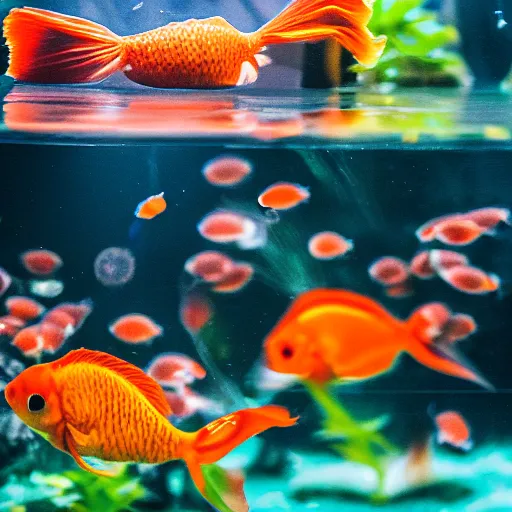 Image similar to extremely obese beautiful colorful goldfish in an aquarium, photography