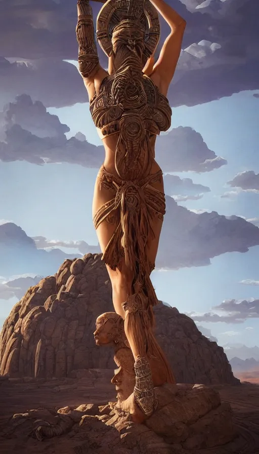 Image similar to giant stone monuments, statues across the desert, neon, tribal, goddess, academic action pose, fibonacci, sweat drops, insane, pinup, intricate, highly detailed, digital painting, artstation, concept art, smooth, sharp focus, illustration, Unreal Engine 5, 8K, art by artgerm and greg rutkowski and alphonse mucha