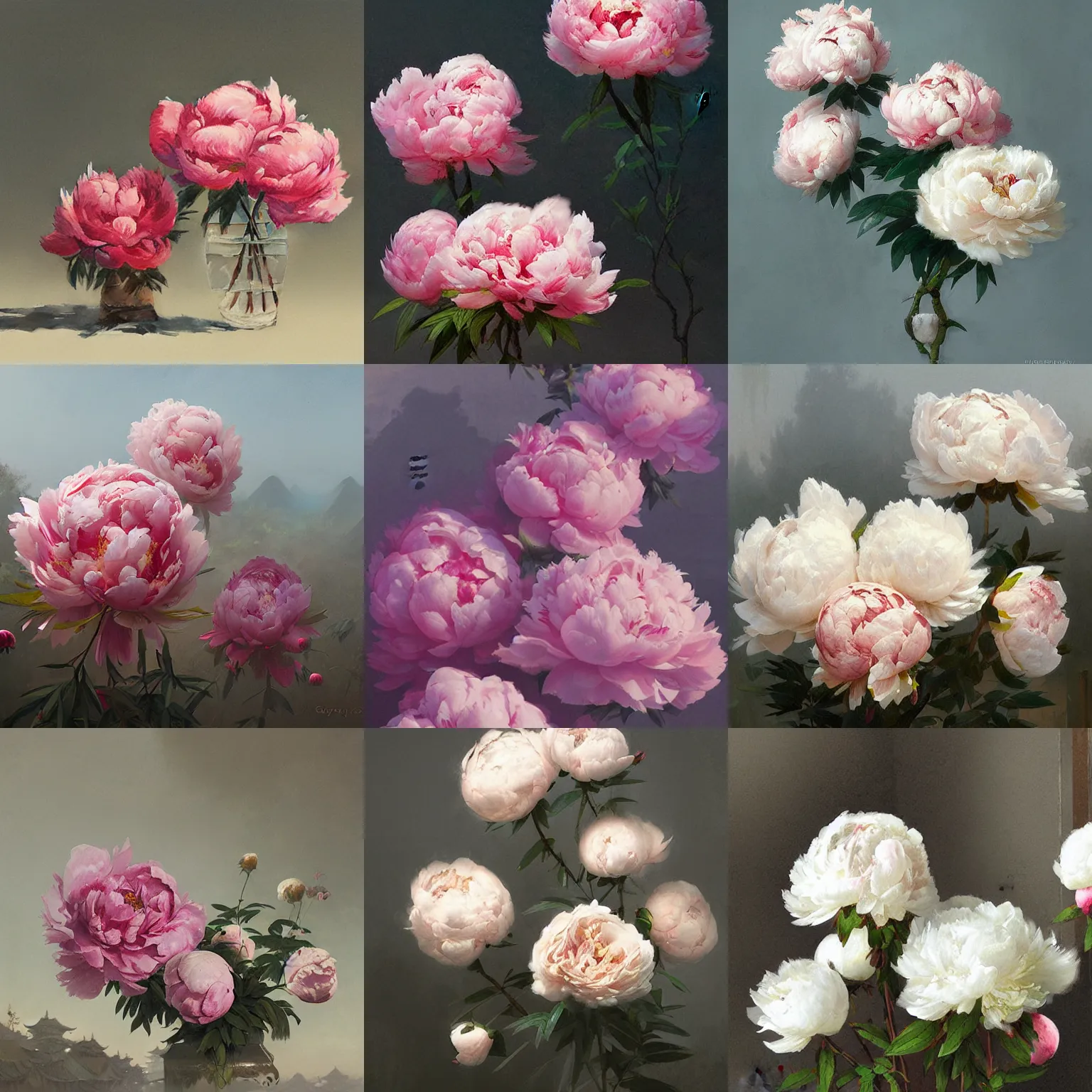 Prompt: chinese peonies by greg rutkowski and james gurney.