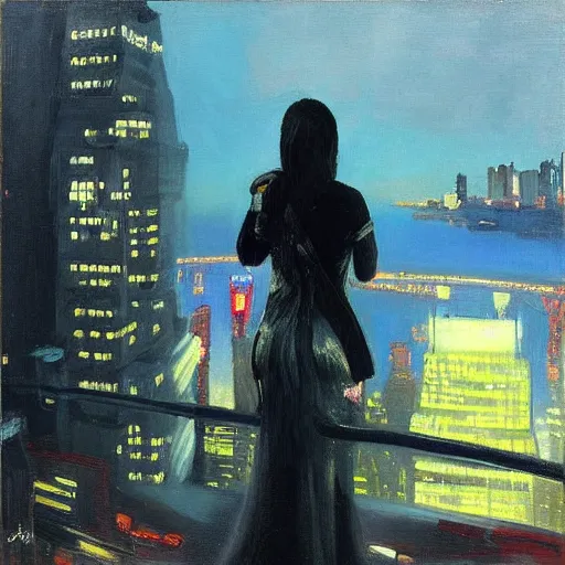 Image similar to “ a girl looking down at a futuristic new york city below, cyberpunk, detailed face, wearing red dress, oil painting, by george bellows ”