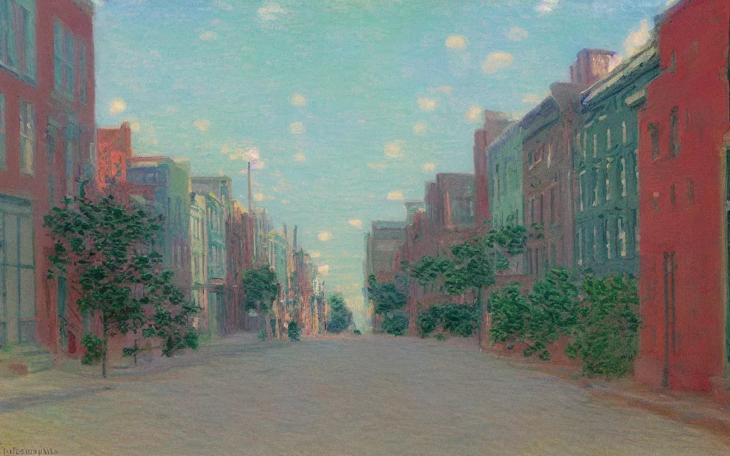 Image similar to photograph of guernsey street in greenpoint brooklyn, oil painting by monet, pastel color palette