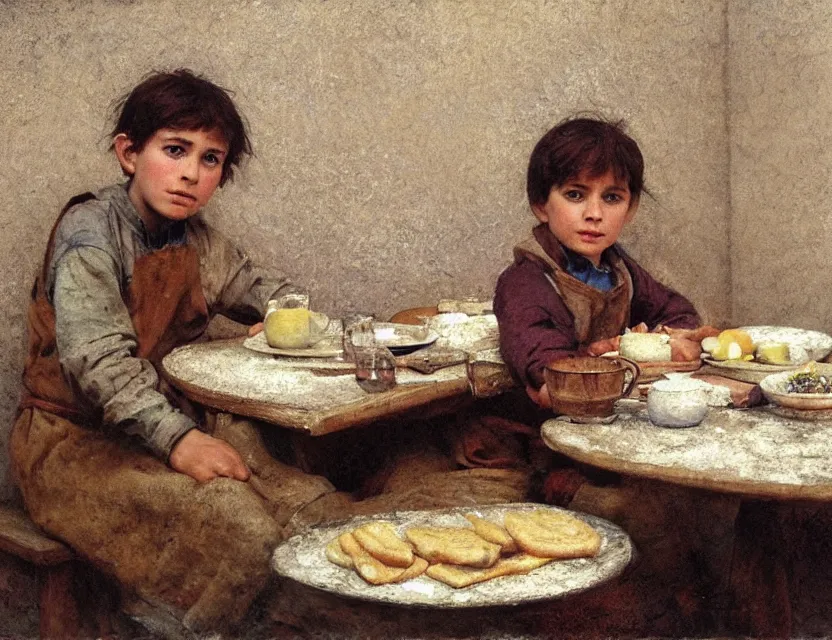 Image similar to portrait of little peasant boy sitting infront of table with bread, cottage core, cinematic focus, polaroid photo bleached vintage pastel colors high - key lighting, soft lights, foggy, by steve hanks, by lisa yuskavage, by serov valentin, by tarkovsky, 8 k render, detailed, oil on canvas