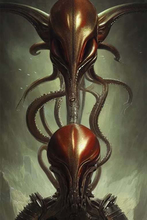 Prompt: breathtaking soft painting of a squid xenomorph with an intricate knight armor in a glass jar, fish swimming around, realistic symmetrical face features, rembrandt style, elegant, highly detailed, artstation, concept art, matte, sharp focus, art by tom bagshaw, goya and greg rutkowski