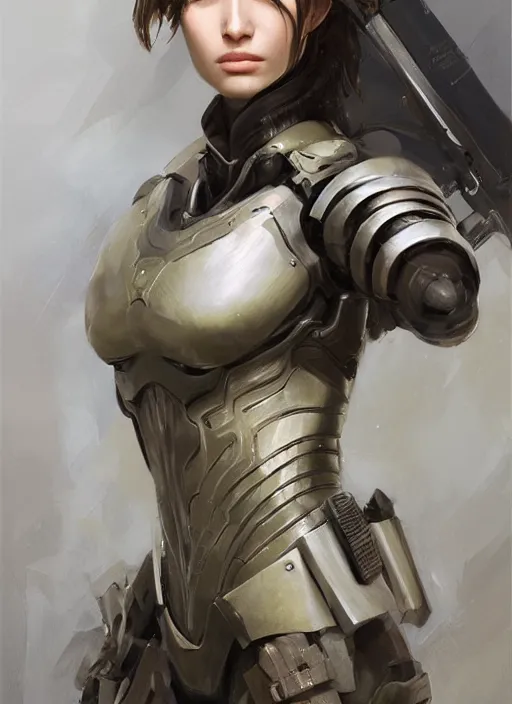 Image similar to a professional painting of a beautiful young female, clothed in military armor, olive skin, long dark hair, beautiful bone structure, symmetrical facial features, intricate, elegant, digital painting, concept art, smooth, sharp focus, illustration, from Metal Gear, by Ruan Jia and Mandy Jurgens and Artgerm and William-Adolphe Bouguerea