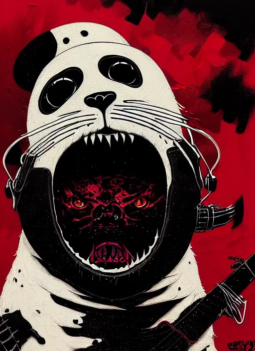 Image similar to highly detailed closeup portrait of a metal album cover with a furry white baby seal in a mosh pit by atey ghailan, by greg rutkowski, by greg tocchini, by james gilleard, by joe fenton, by kaethe butcher, gradient red, black, brown and white color scheme, grunge aesthetic!!! white graffiti tag wall background