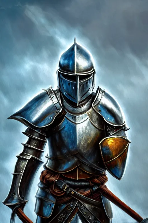 Image similar to a knight in full iron plate armor that is wearing a fluted helm, in the style of an oil painting and d & d art, fullbody, blue fog, mystic, magic, sharp focus, award - winning, extremely detailed, 4 k,