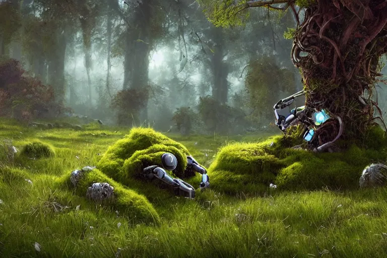 Prompt: a 4 k beautiful scene in early spring showing lively sprigs. an abandoned robot overgrown with grass and moss lies on the grass. dslr detailed digital art by ivan shishkin and anton fadeev 4 k hd realism rendered in unreal engine