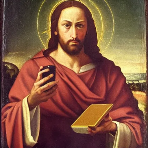 Prompt: a renaissance oil painting of jesus holding a smartphone