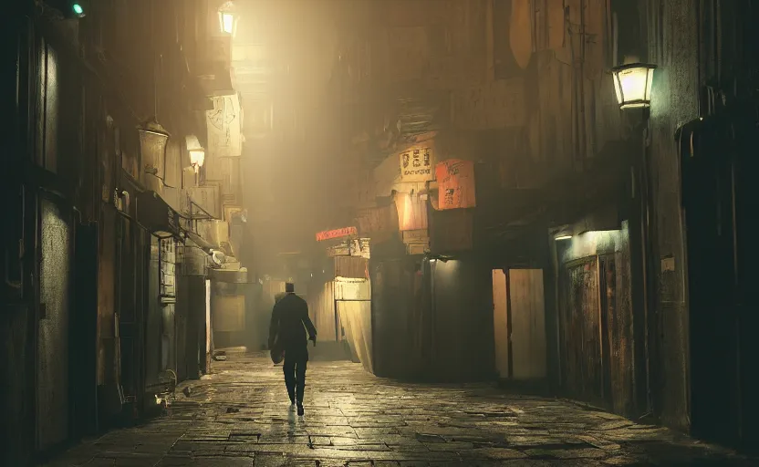 Image similar to dim lit, hongkong dark alley street with a man walking, depth of field, very atmospheric, matte painting, artstation