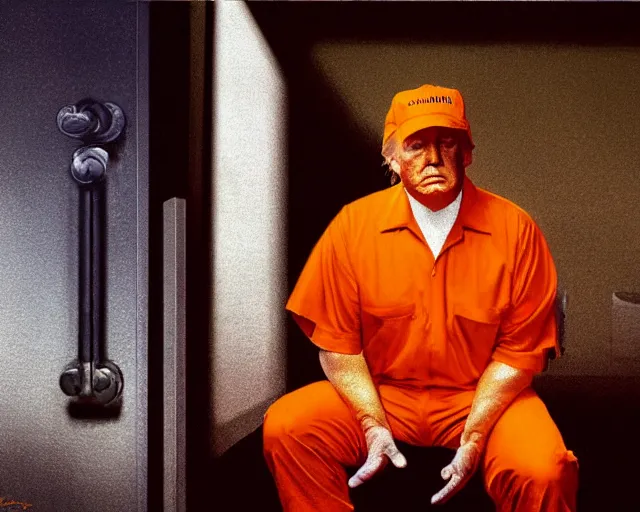 Image similar to a portrait of Donald trump sitting on the floor of a filthy jail cell lit by spotlight, dimly lit, wearing a orange jumpsuit in jail by craig mullins and norman rockwell, octane, 35mm photo,