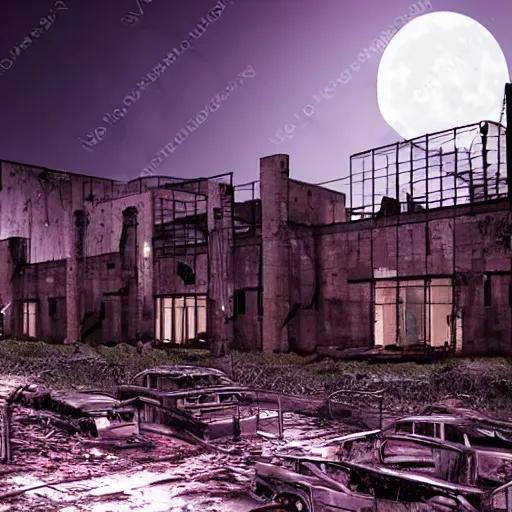 Image similar to ruins of a factory in the night enlightens by the full moon, there are zombies walking around, photorealistic