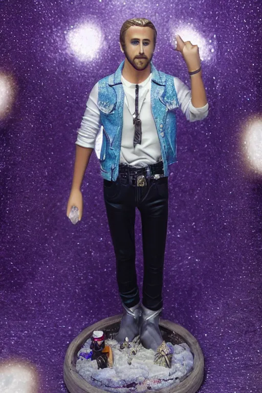 Image similar to Ryan Gosling with silver-violet hair, white eyes inflated press and denim glittery vest, wide lens, diorama, 4k,