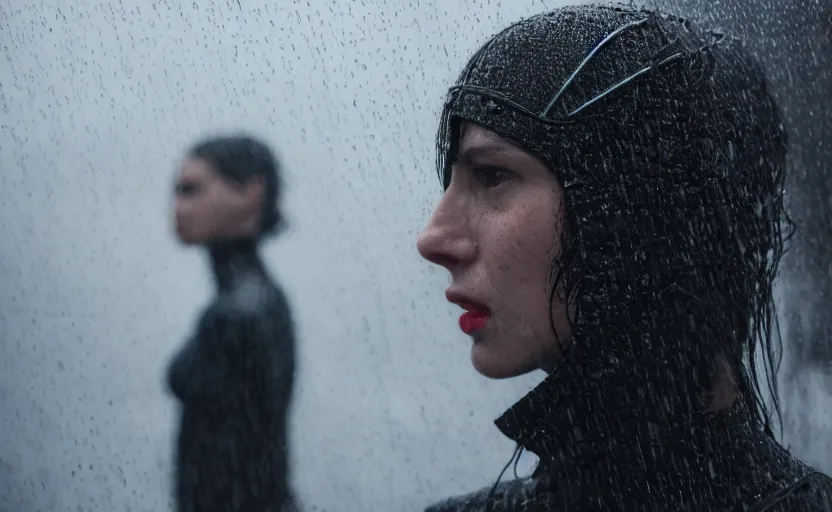 Image similar to cinestill 5 0 d candid photographic portrait by christopher nolan of two loving female androids wearing rugged black mesh techwear in treacherous waters, extreme closeup, modern cyberpunk moody emotional cinematic, pouring rain, 8 k, hd, high resolution, 3 5 mm, f / 3 2, ultra realistic faces, ex machina