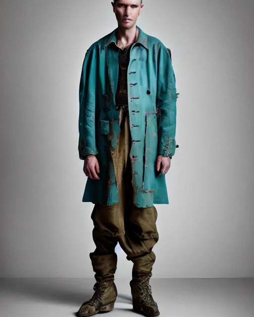Prompt: an award - winning photo of an ancient male model wearing a plain baggy teal distressed medieval designer menswear military jacket designed by alexander mcqueen, 4 k, studio lighting, wide angle lens