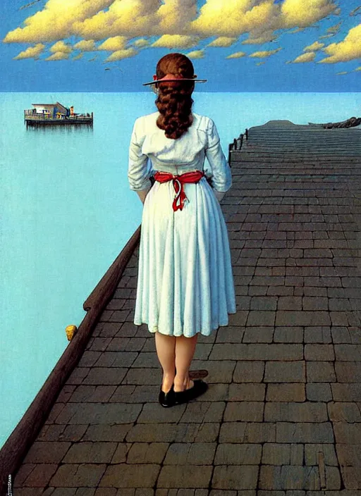 Prompt: a fancy beautiful young lady standing on a wharf at the edge of the sea by rob gonsalves and brom and gil elvgren and george petty and hilo chen and norman rockwell, crisp details, hyperrealism, high detail, high contrast, low light, grey mist, cobblestones, dim lantern