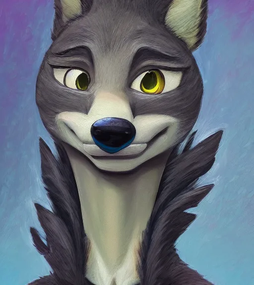 Prompt: oil painting portait of anthromorphic female wolf, in style of zootopia, zootopia, zootopia, fursona, furry, furaffinity, 4 k, deviantart, furry art, fursona art, wearing black business suit, business suit, in style of zootopia, wolf fursona, cyberpunk, female, expressive detailed feminine face,