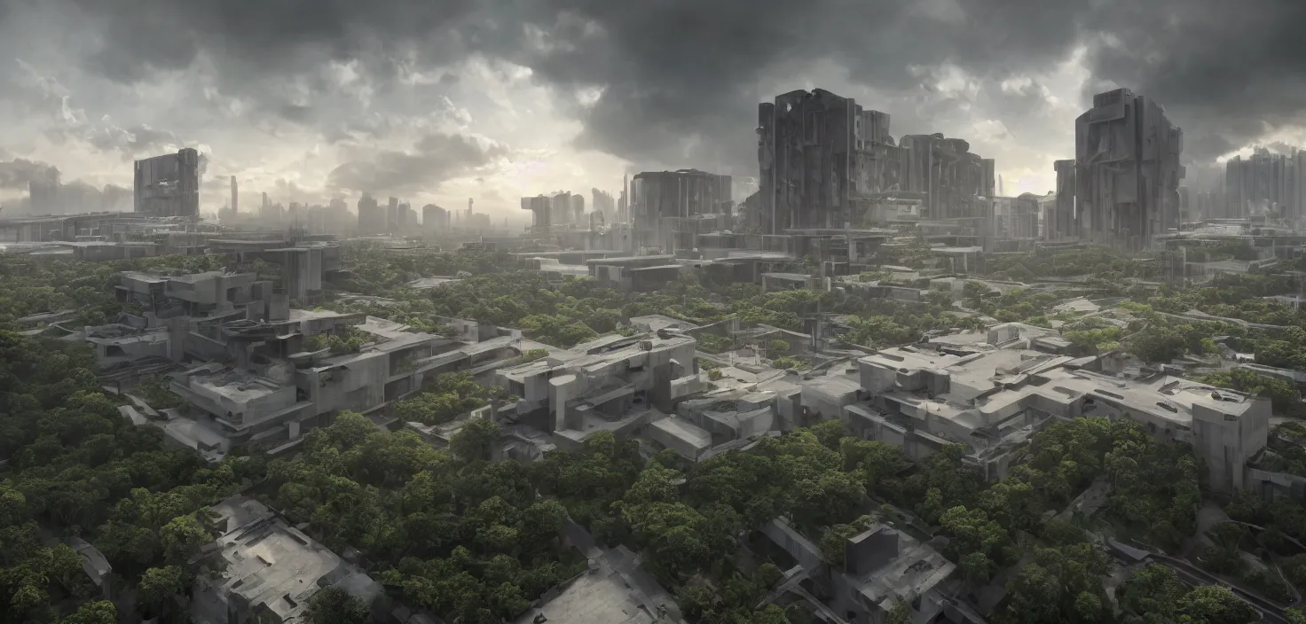 Image similar to brutalist architecture, surrounded by lush green vegetation, stunning volumetric lighting, sunset, metal, concrete, translucent material, stunning skies, 8k, photorealistic, hyper detailed, unreal engine 5, IMAX quality, cinematic, epic lighting, digital painting in the style of DOOM and Quake, by Greg Rutkowski, trending on Artstation