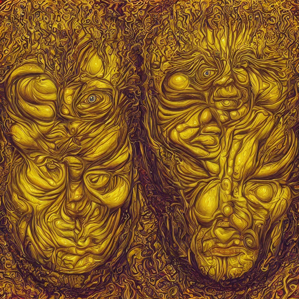 Image similar to Alex Grey painting of a lemon god, highly detailed, symmetrical, trending on artstation