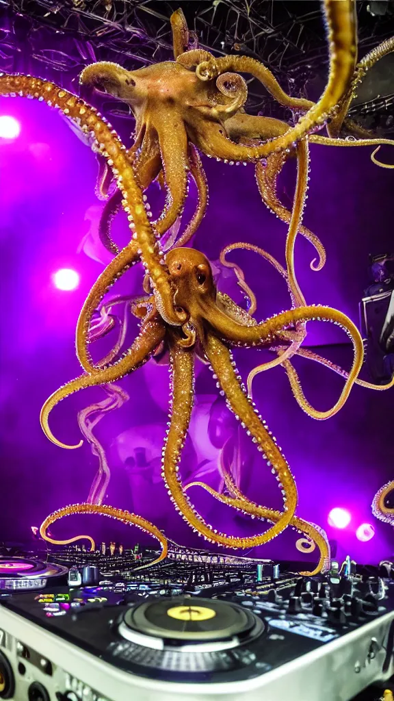 Prompt: award winning photo of an octopus! as a dj with tentacles! simultaneously placed turntables cdjs and knobs of a pioneer dj mixer. sharp, in front of a large crowd, studio, medium format, 8 k detail, volumetric lighting, wide angle, at an outdoor psytrance festival main stage at night