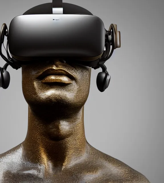 Prompt: a 4 k photorealistic photo medium shot of a bronze statue of a man wearing a vr headset on his head.