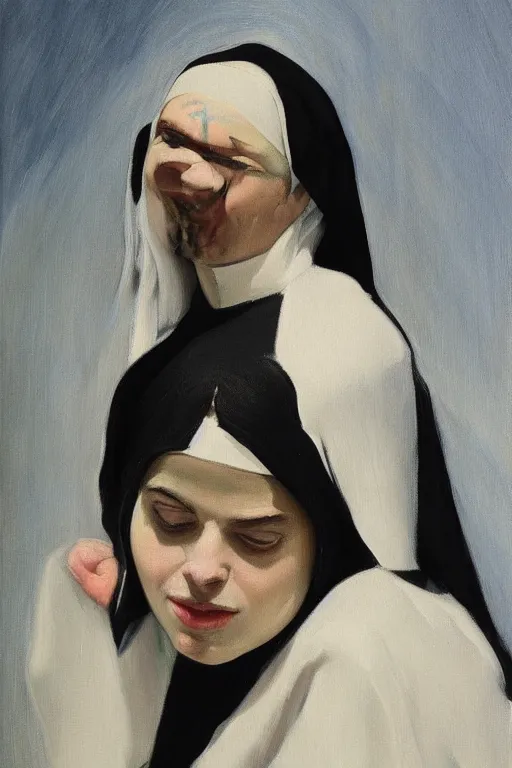 Image similar to Billie Eilish as a nun, painted by Robert Henri