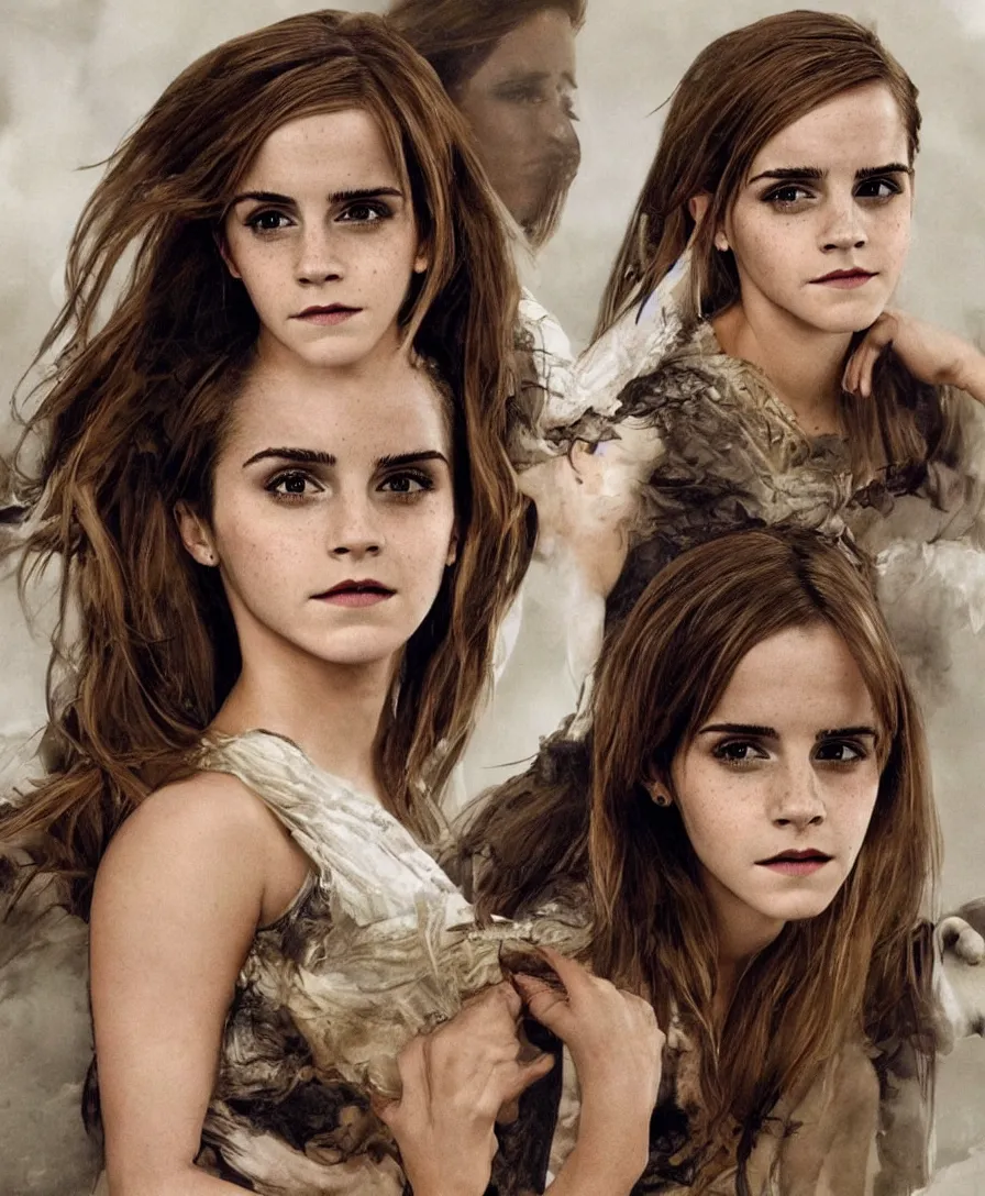 Image similar to Emma Watson transforming into a mare, Animorphs cover, intricate, elegant, highly detailed