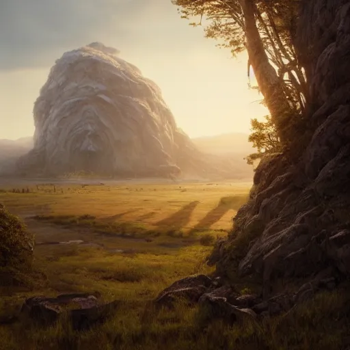 Image similar to enormous creature towering over the plains, volumetric lighting, 8 k octane beautifully detailed render, post - processing, extremely hyper - detailed, intricate, epic composition, cinematic lighting, masterpiece, trending on artstation, detailed detailed detailed, masterpiece, stunning art by anders zorn, wonderful masterpiece by greg rutkowski, beautiful cinematic light,