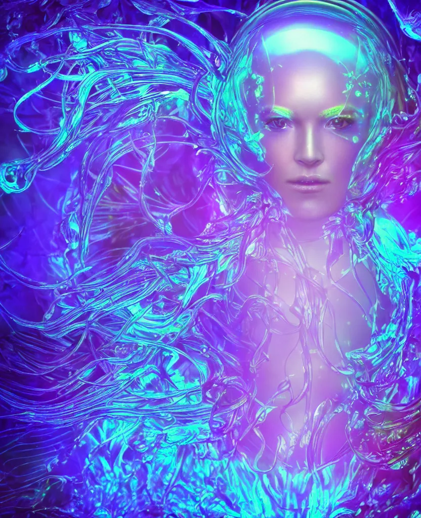 Image similar to iridescent close-up macro portrait of the face of a beautiful princess, epic angle and pose, symmetrical artwork, 3d with depth of field, blurred background, cybernetic jellyfish female face skull phoenix bird, translucent, nautilus, energy flows of water and fire. a highly detailed epic cinematic concept art CG render. made in Maya, Blender and Photoshop, octane render, excellent composition, cinematic dystopian brutalist atmosphere, dynamic dramatic cinematic lighting, aesthetic, very inspirational, arthouse. y Greg Rutkowski, Ilya Kuvshinov, WLOP, Stanley Artgerm Lau, Ruan Jia and Fenghua Zhong