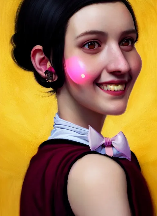 Image similar to portrait of high school girl, realistic, black hair, bangs, half updo hairstyle, pointy nose, skinny, smile, ugly, defined jawline, big chin, pink hair bow, earrings, intricate, elegant, glowing lights, highly detailed, digital painting, artstation, sharp focus, illustration, art by wlop, mars ravelo and greg rutkowski