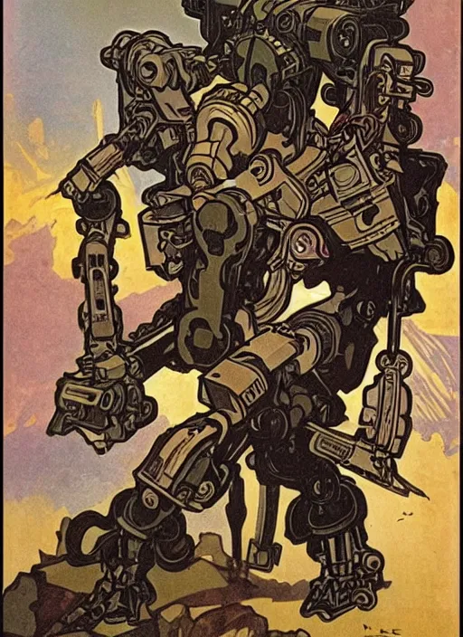 Image similar to mecha robot warrior by Alphonse Mucha