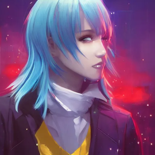 Image similar to profile shot of rimuru tempest looking forward, sky blue hair, straight hair, pretty, long bangs, gold eyes, black jacket with white stripes and a high collar, highly detailed, unreal engine 5, digital painting, glow, concept art, cinematic, wlop | artgerm, pixiv, ilya kuvshinov, greg rutkowski