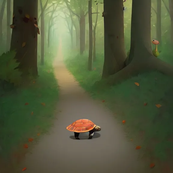 Image similar to Goro Fujita ilustration a cute turtle happily walking through the forest, painting by Goro Fujita, sharp focus, highly detailed, ArtStation