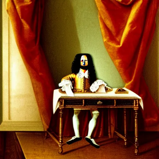 Prompt: Portrait of a mummy sitting at a Louis XIV desk, with very old curtains in the room. The desk has a very old phone on it. Dusty air