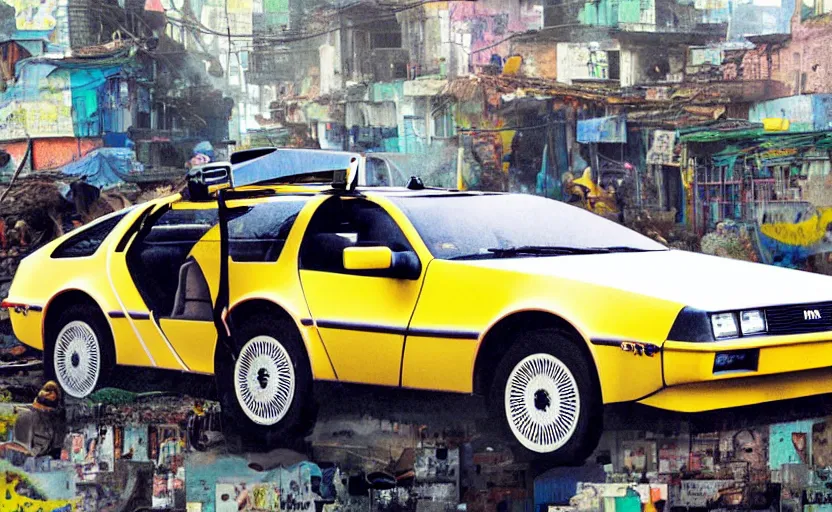 Prompt: a yellow delorean in ajegunle slums of lagos - nigeria, magazine collage, colourful painting by hsiao - ron cheng,