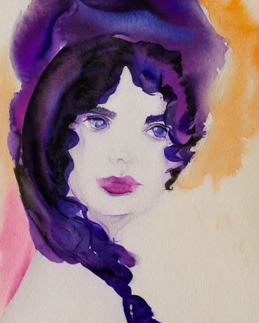 Image similar to watercolor picture of a beautiful young woman in white dress, looking back at the camera, blue eyes, purple hair, high key, watercolor